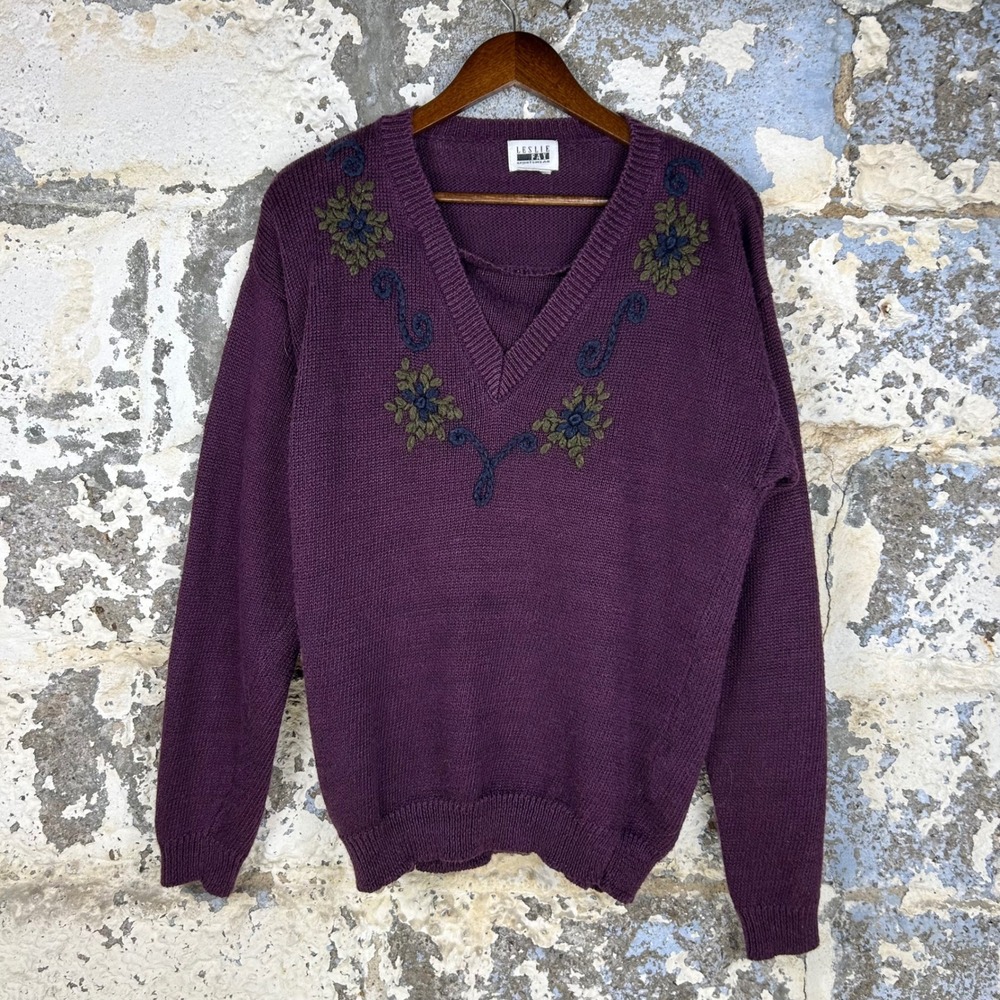 Vintage Leslie Fay Purple Whimsigoth Floral V-Neck Sweater Women M